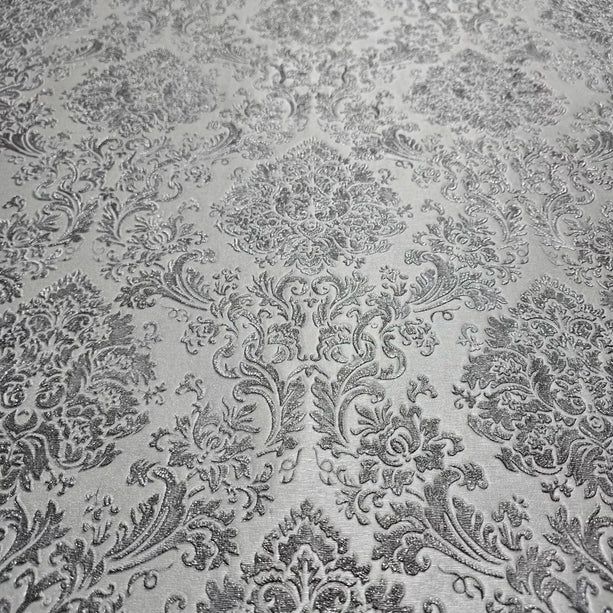 Zambaiti Parati Z10947 Embossed Gray Silver Metallic Victorian Damask Faux Fabric Textured
