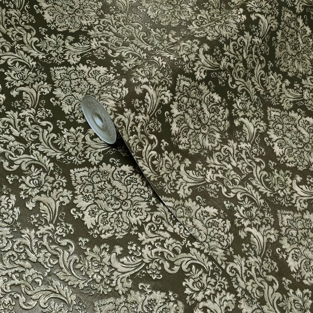 Zambaiti Parati Z10949 Dark Gray Bronze Gold Metallic Victorian Damask Faux Fabric Textured