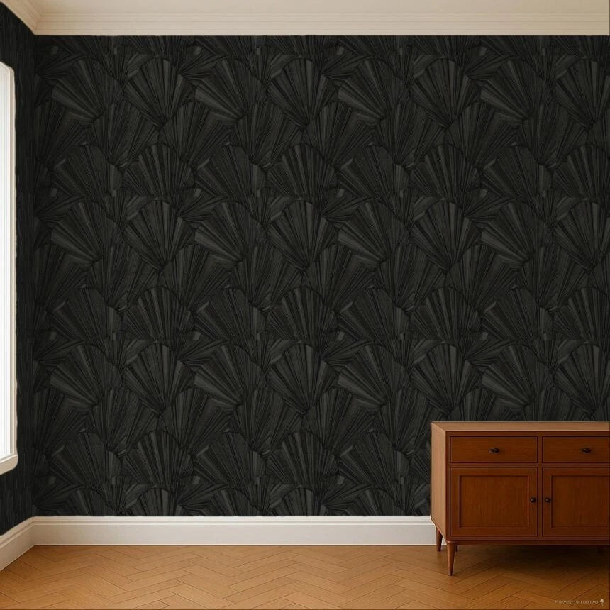 Zambaiti Parati Z20110 Modern Charcoal Black Gray Silver Shell Art Deco Faux Fabric Textured
