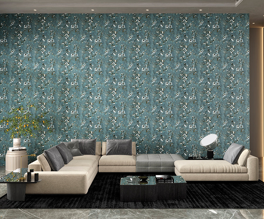 Zambaiti Parati Z10905 Teal green gold distressed fish scale plaster textured floral branches