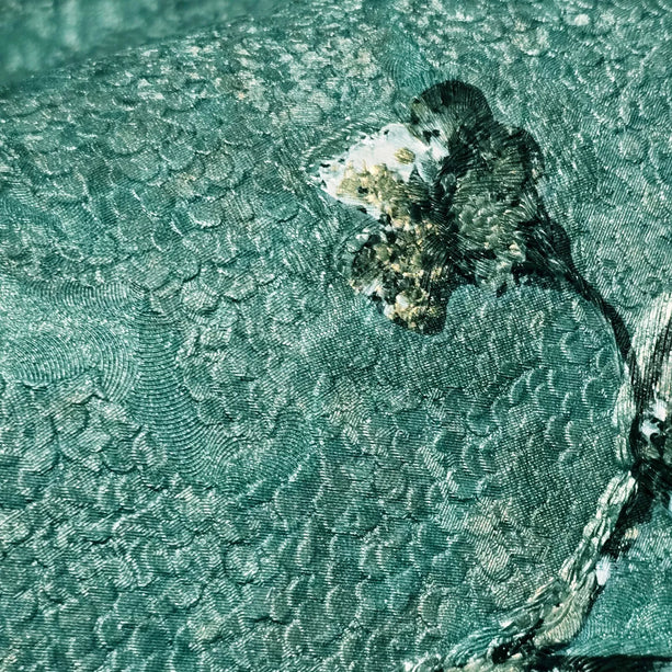 Zambaiti Parati Z10905 Teal green gold distressed fish scale plaster textured floral branches