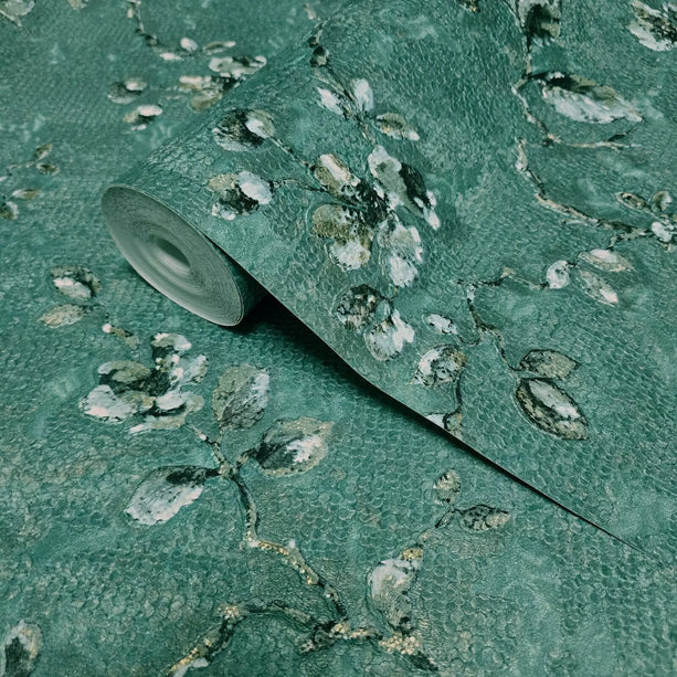 Zambaiti Parati Z10905 Teal green gold distressed fish scale plaster textured floral branches