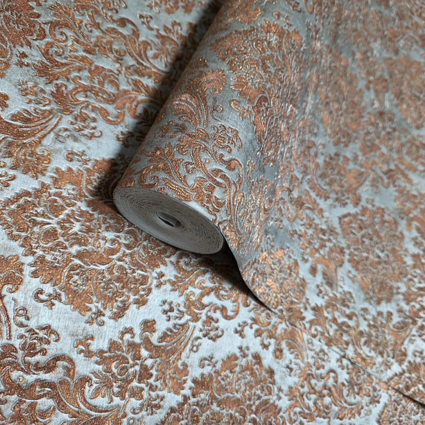 Zambaiti Parati Z10943 Steel Gray Bronze Copper Metallic Victorian Damask Faux Fabric Textured