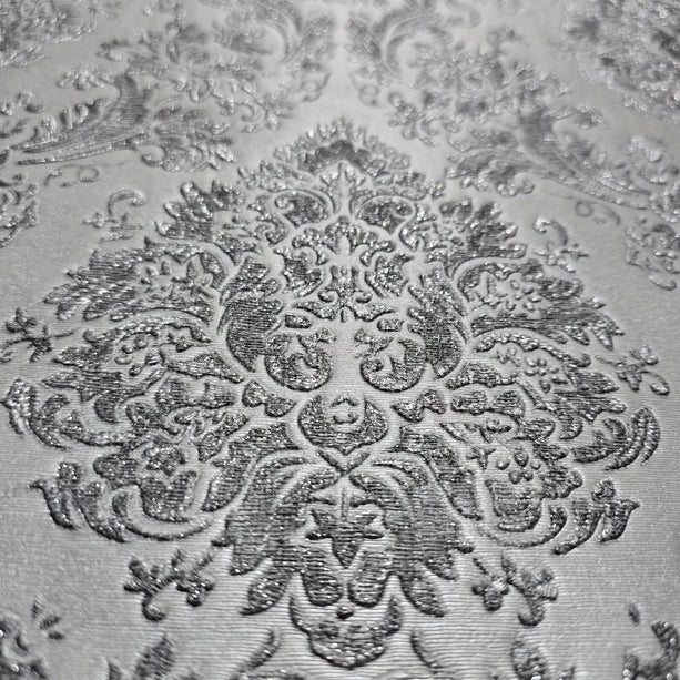 Zambaiti Parati Z10947 Embossed Gray Silver Metallic Victorian Damask Faux Fabric Textured