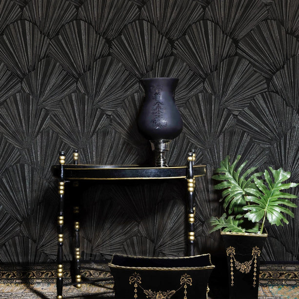 Zambaiti Parati Z20110 Modern Charcoal Black Gray Silver Shell Art Deco Faux Fabric Textured