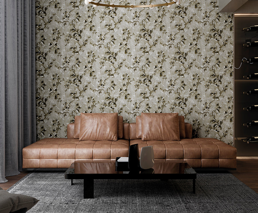 Zambaiti Parati Z10901 Gray Taupe Bronze Gold Fish Scale Plaster Textured Floral Branches