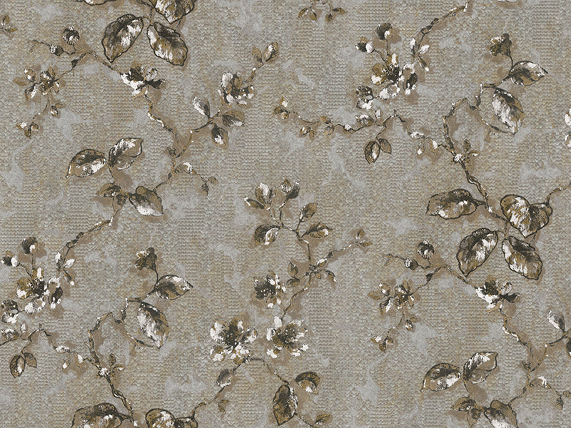 Zambaiti Parati Z10901 Gray Taupe Bronze Gold Fish Scale Plaster Textured Floral Branches