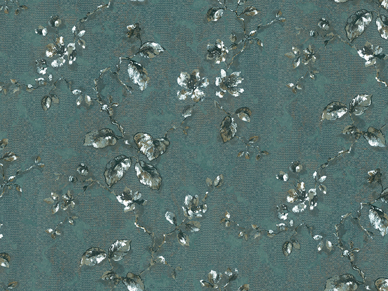 Zambaiti Parati Z10905 Teal green gold distressed fish scale plaster textured floral branches