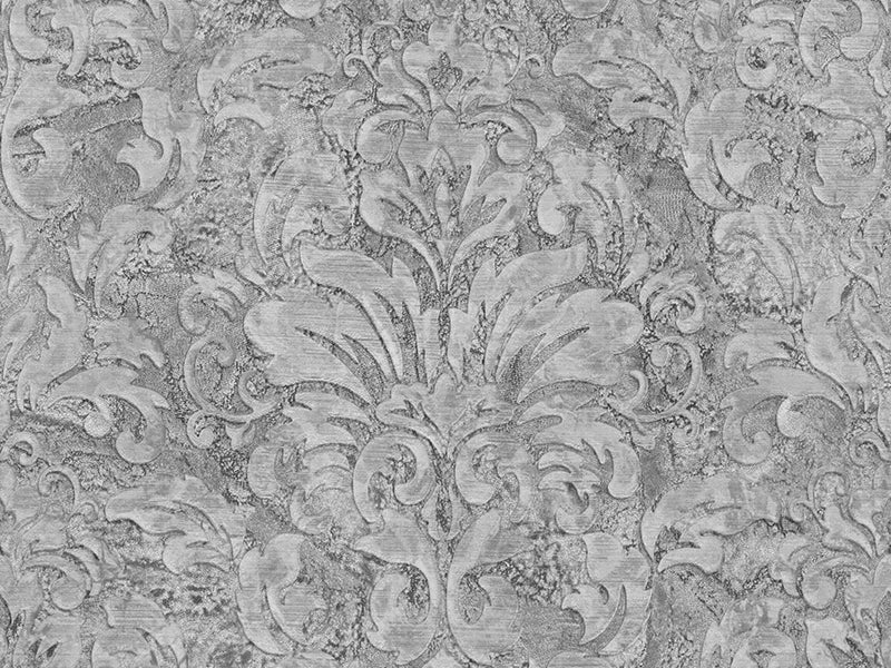 Decorative gray patterned wallpaper with intricate designs